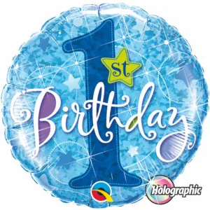 18" Redondo, Holografico, 1st Birthday, Estrellas Azules