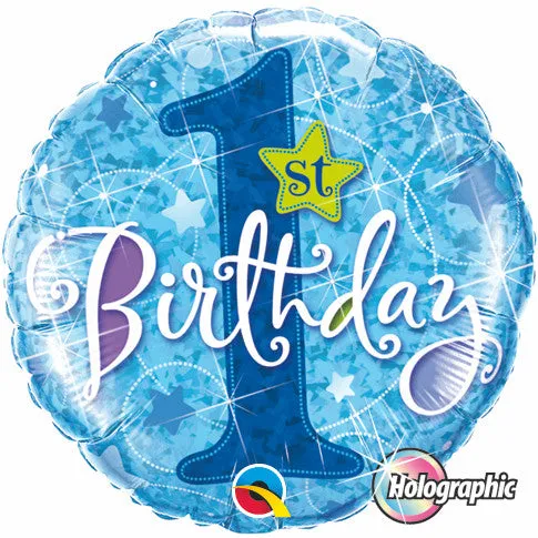 18" Redondo, Holografico, 1st Birthday, Estrellas Azules