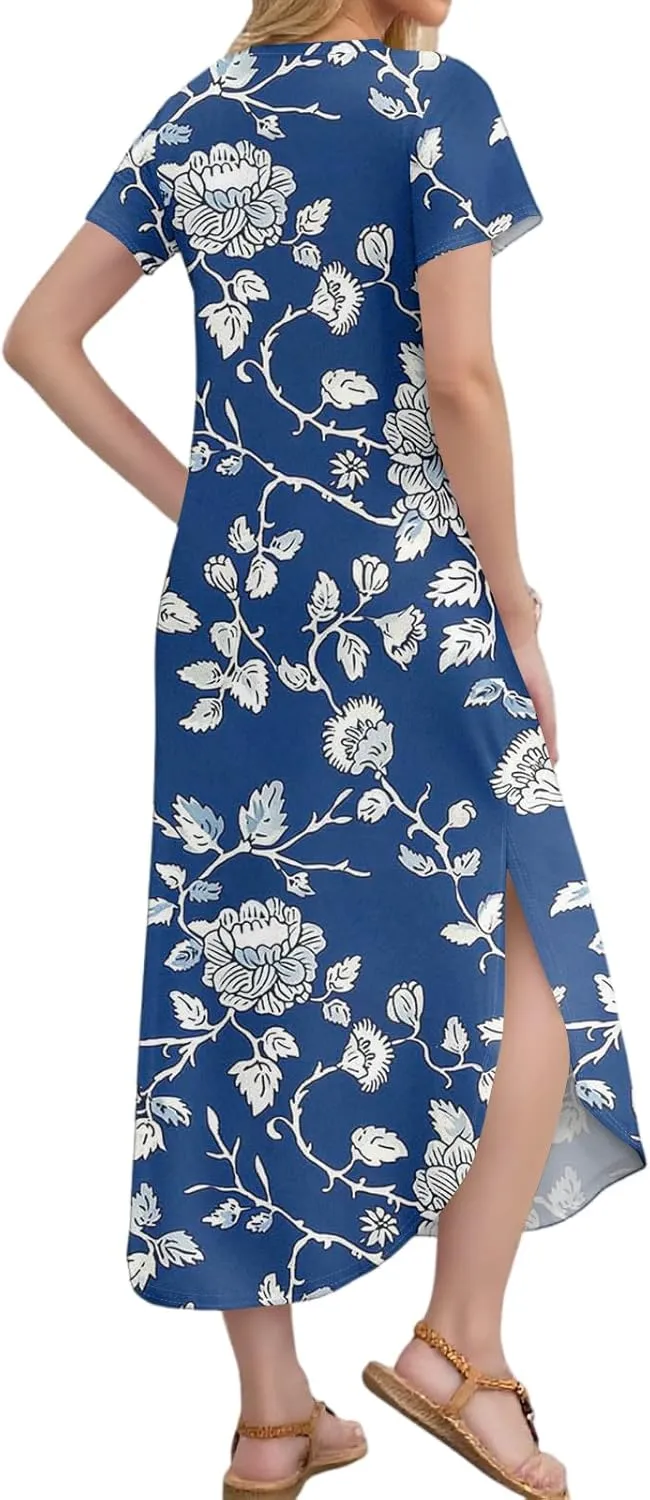 2025 Summer Dresses Women's Short Sleeve Elegant V Neck Sexy Slit Floral Print Beach Vacation Maxi Dress