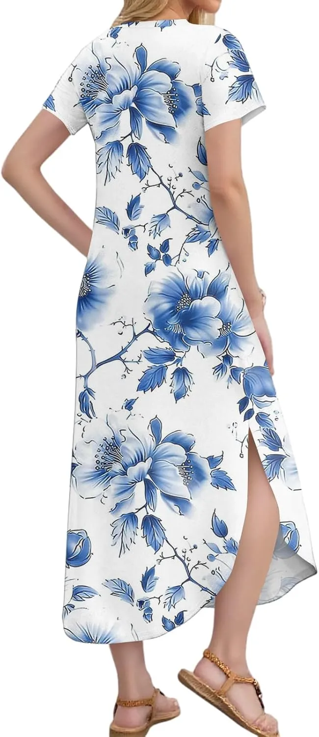 2025 Summer Dresses Women's Short Sleeve Elegant V Neck Sexy Slit Floral Print Beach Vacation Maxi Dress