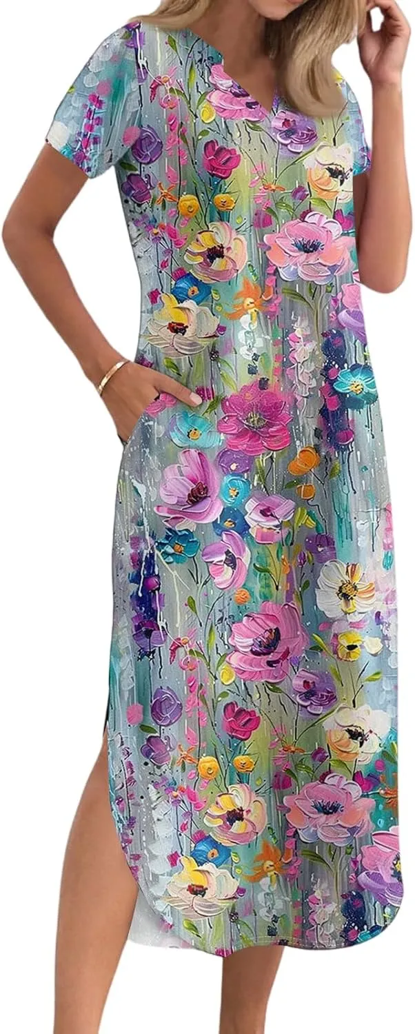 2025 Summer Dresses Women's Short Sleeve Elegant V Neck Sexy Slit Floral Print Beach Vacation Maxi Dress
