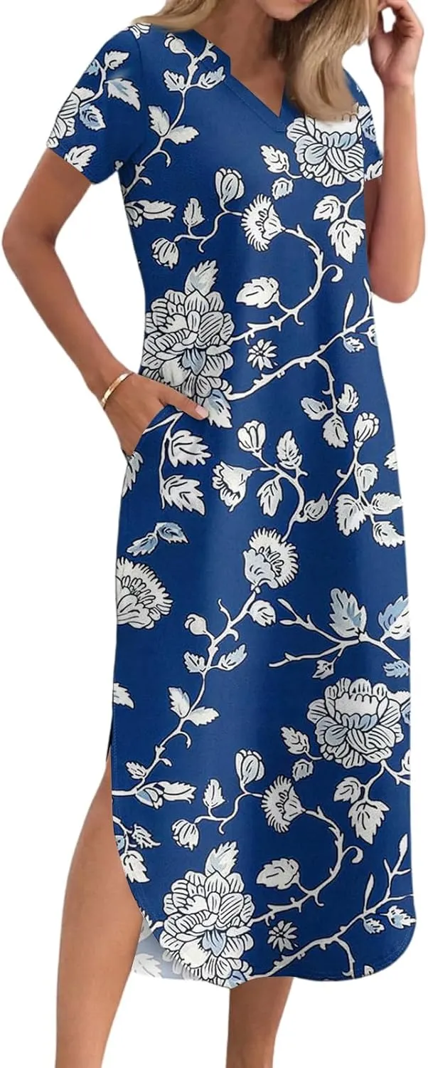 2025 Summer Dresses Women's Short Sleeve Elegant V Neck Sexy Slit Floral Print Beach Vacation Maxi Dress