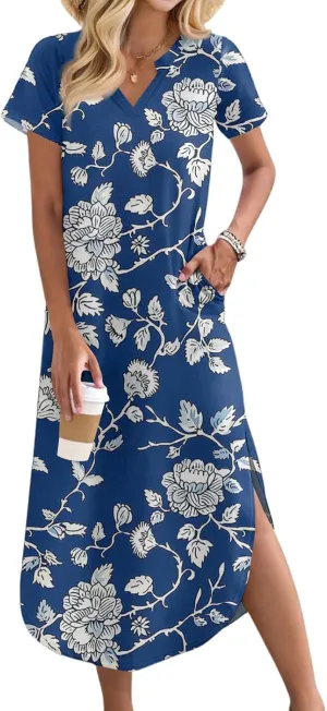 2025 Summer Dresses Women's Short Sleeve Elegant V Neck Sexy Slit Floral Print Beach Vacation Maxi Dress