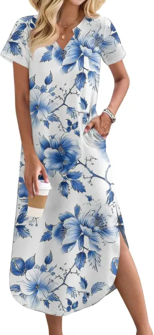 2025 Summer Dresses Women's Short Sleeve Elegant V Neck Sexy Slit Floral Print Beach Vacation Maxi Dress