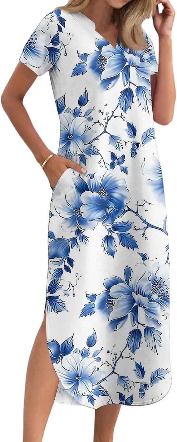 2025 Summer Dresses Women's Short Sleeve Elegant V Neck Sexy Slit Floral Print Beach Vacation Maxi Dress
