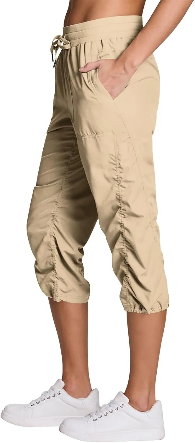 ADHOWBEW Capri Pants for Women Stretch Active Summer Drawstring Casual Hiking Outdoor Baggy Lightweight Joggers with Pockets