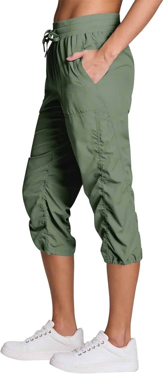 ADHOWBEW Capri Pants for Women Stretch Active Summer Drawstring Casual Hiking Outdoor Baggy Lightweight Joggers with Pockets