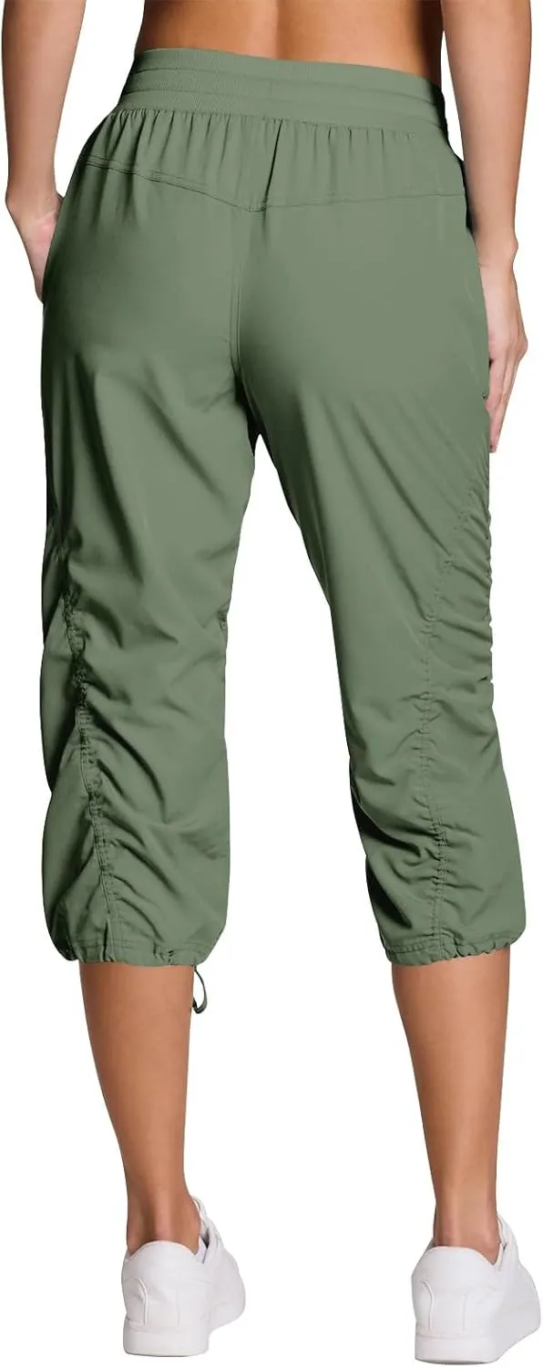 ADHOWBEW Capri Pants for Women Stretch Active Summer Drawstring Casual Hiking Outdoor Baggy Lightweight Joggers with Pockets