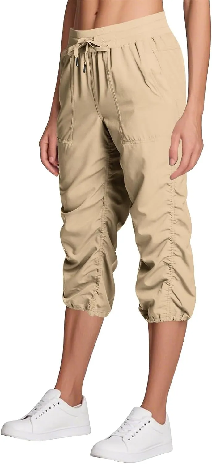 ADHOWBEW Capri Pants for Women Stretch Active Summer Drawstring Casual Hiking Outdoor Baggy Lightweight Joggers with Pockets