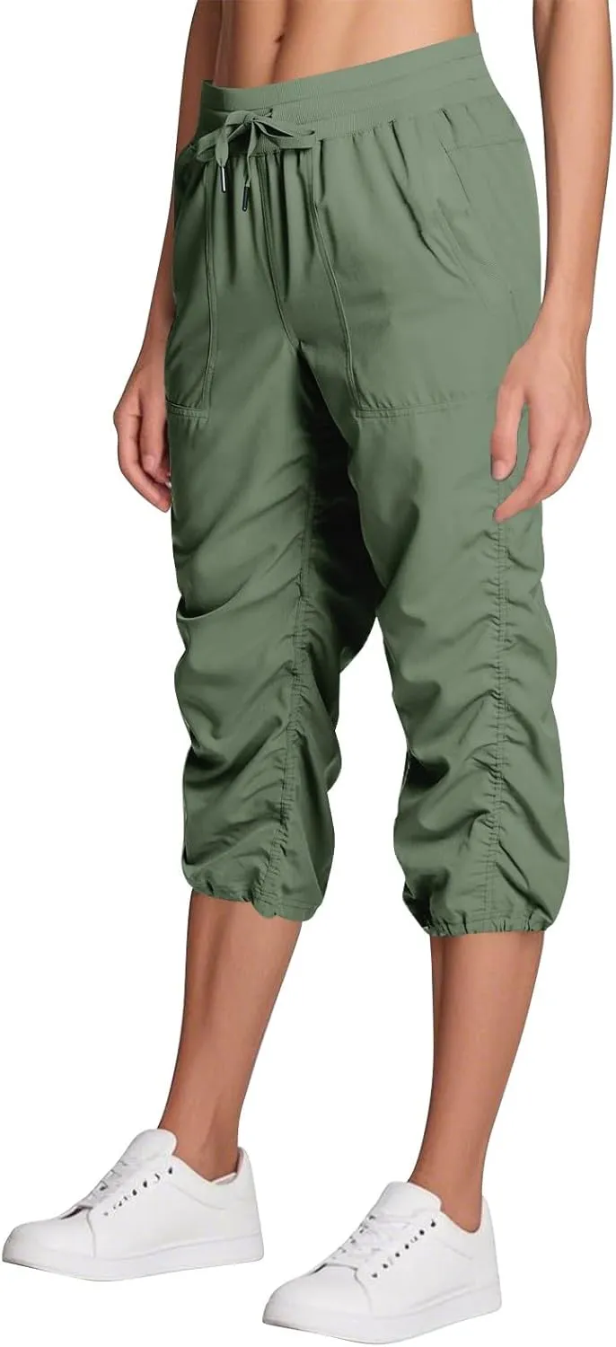 ADHOWBEW Capri Pants for Women Stretch Active Summer Drawstring Casual Hiking Outdoor Baggy Lightweight Joggers with Pockets