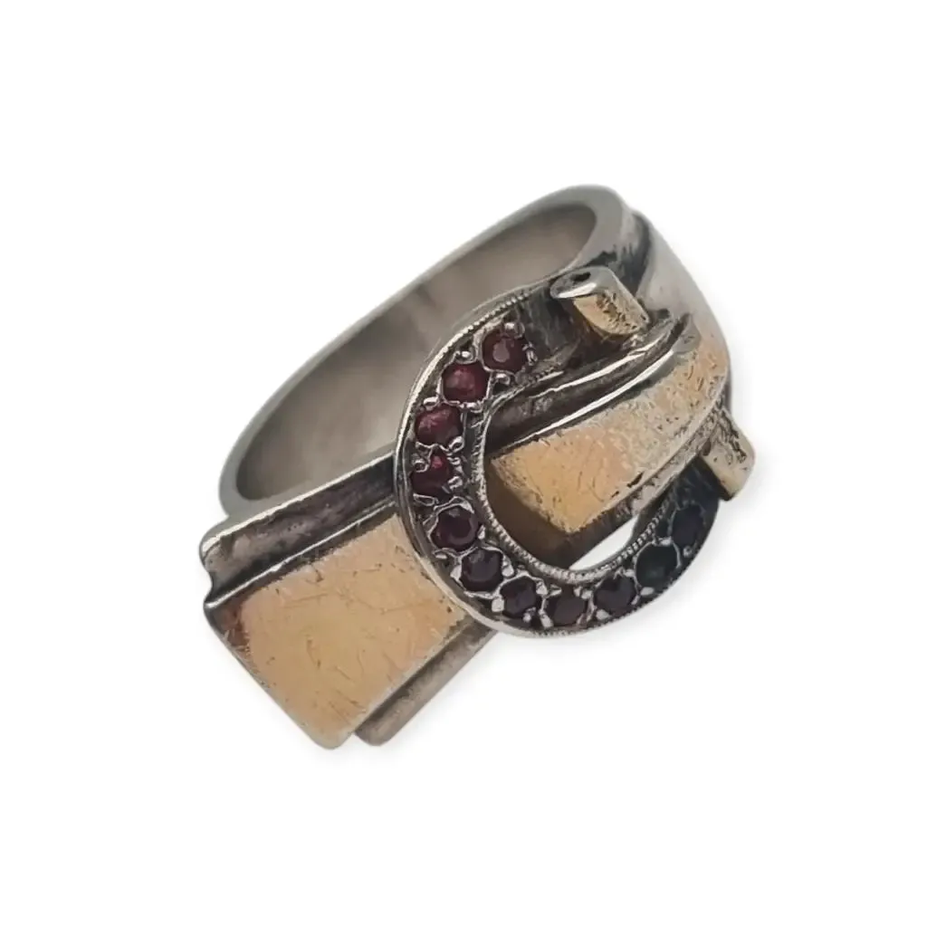 Art Deco Ring in Silver and Gold Views with Buckle and Red Crystals, 1940.