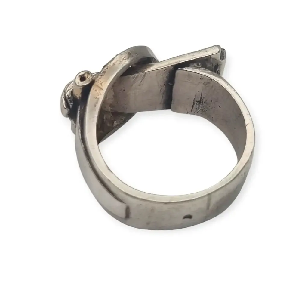 Art Deco Ring in Silver and Gold Views with Buckle and Red Crystals, 1940.