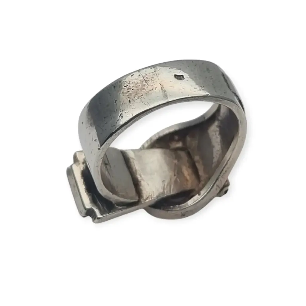 Art Deco Ring in Silver and Gold Views with Buckle and Red Crystals, 1940.
