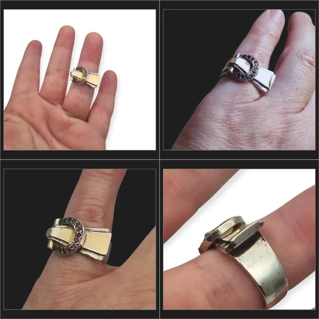 Art Deco Ring in Silver and Gold Views with Buckle and Red Crystals, 1940.