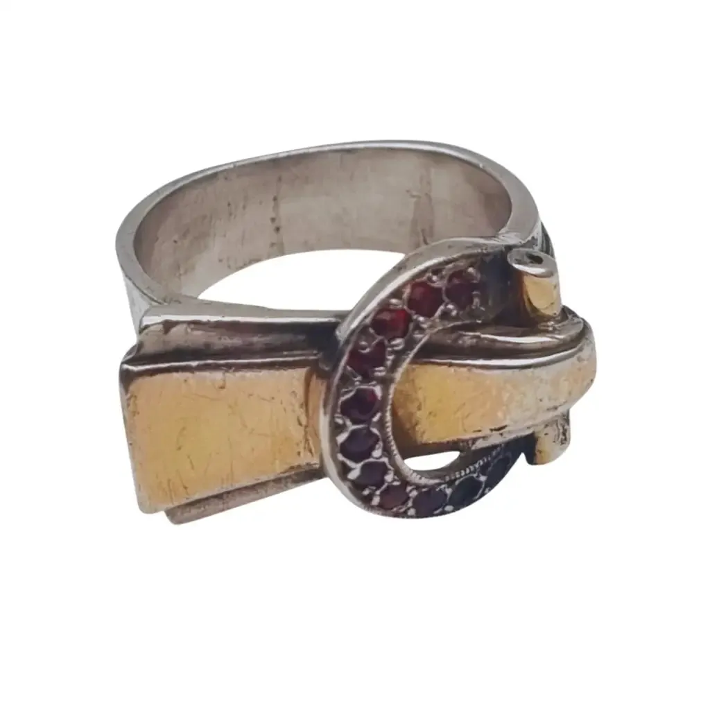 Art Deco Ring in Silver and Gold Views with Buckle and Red Crystals, 1940.