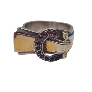 Art Deco Ring in Silver and Gold Views with Buckle and Red Crystals, 1940.