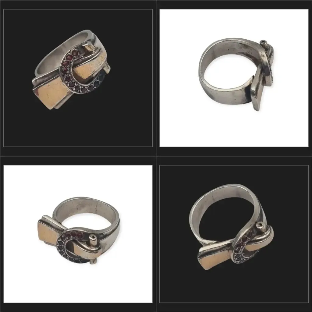 Art Deco Ring in Silver and Gold Views with Buckle and Red Crystals, 1940.