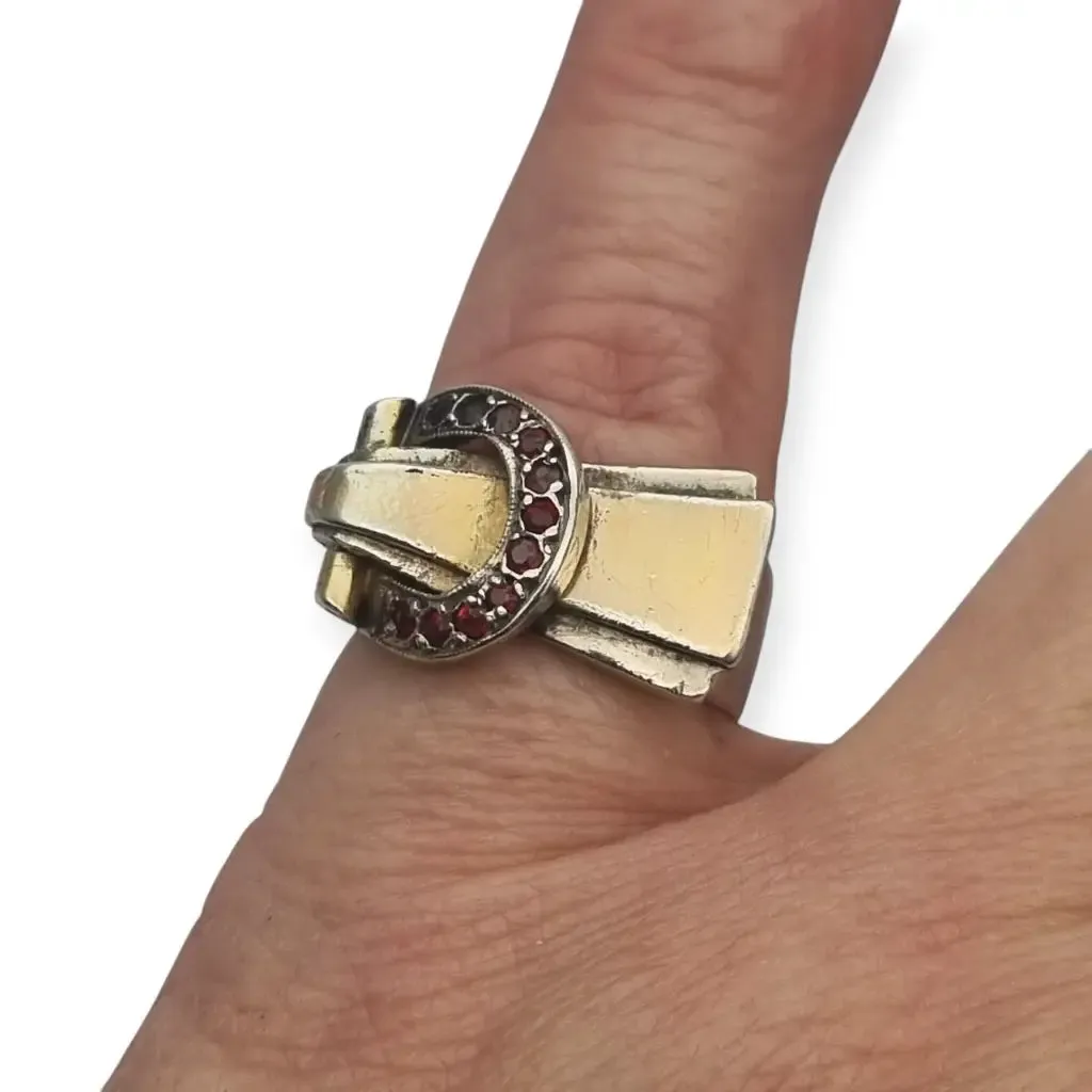 Art Deco Ring in Silver and Gold Views with Buckle and Red Crystals, 1940.