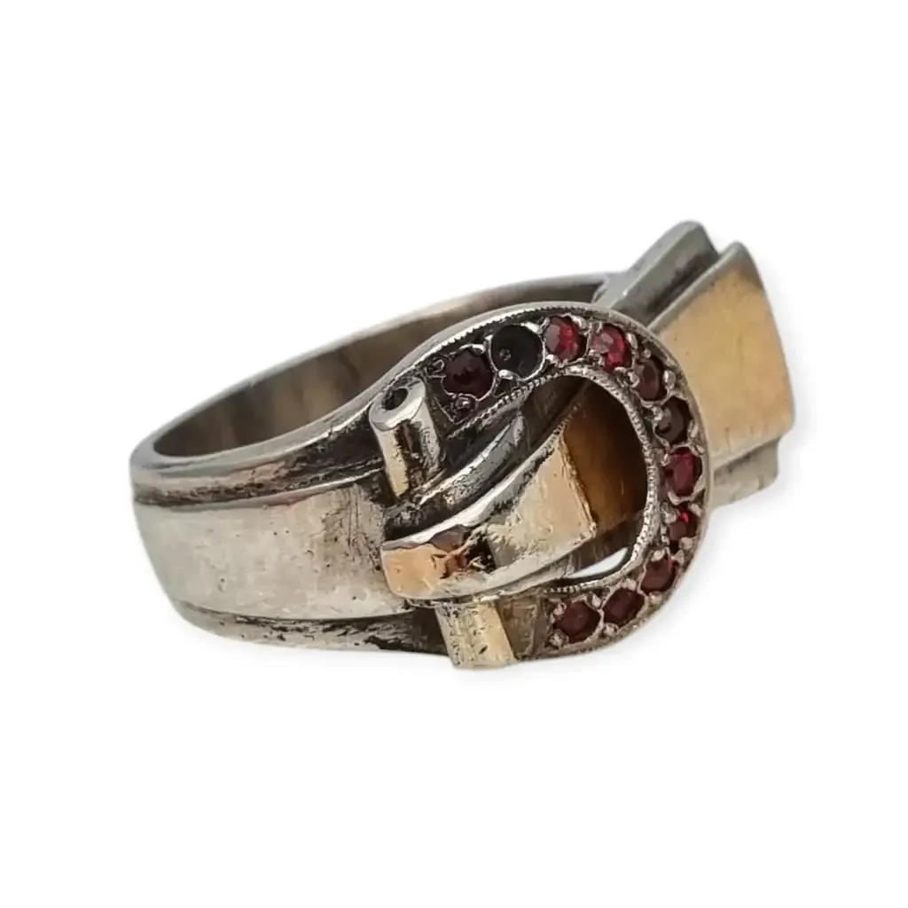 Art Deco Ring in Silver and Gold Views with Buckle and Red Crystals, 1940.