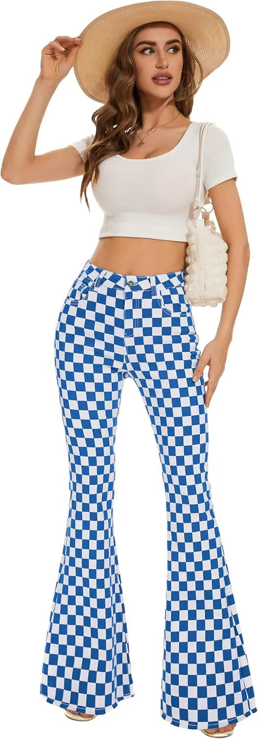 Bell Bottom Jeans for Women High Waisted Stretch Plaid Flare Jeans Denim Bootcut Pants