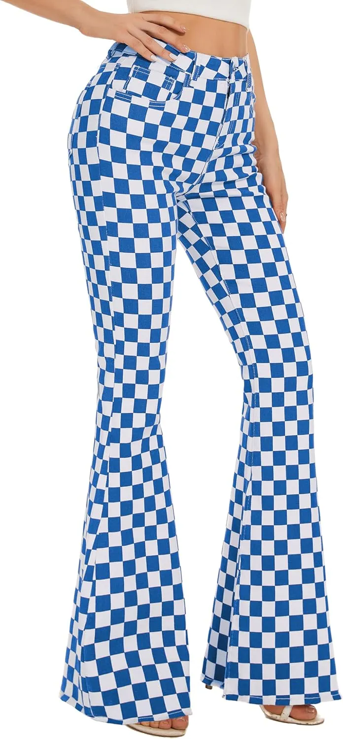 Bell Bottom Jeans for Women High Waisted Stretch Plaid Flare Jeans Denim Bootcut Pants