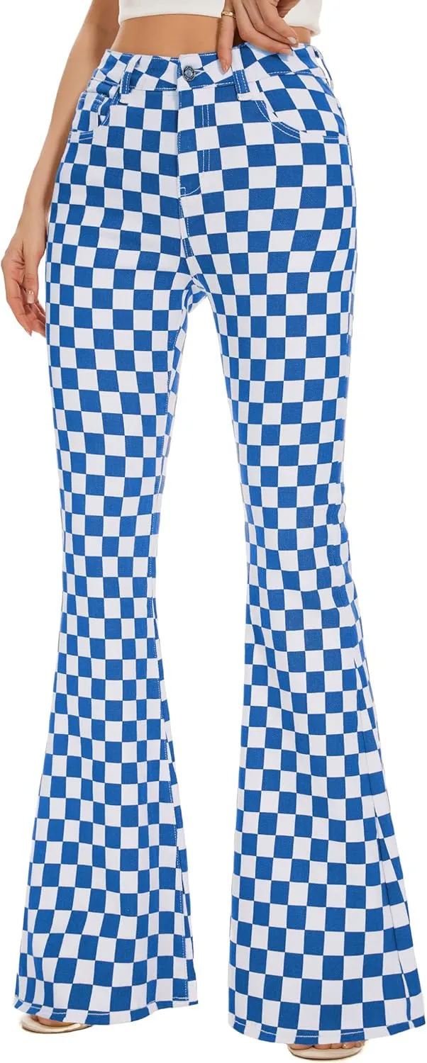 Bell Bottom Jeans for Women High Waisted Stretch Plaid Flare Jeans Denim Bootcut Pants