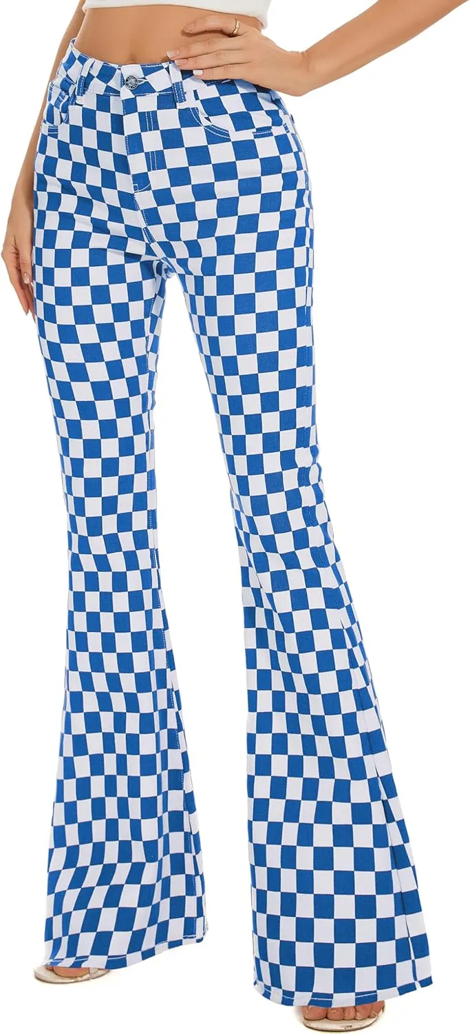 Bell Bottom Jeans for Women High Waisted Stretch Plaid Flare Jeans Denim Bootcut Pants