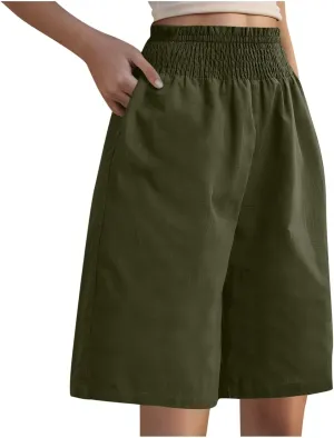 Bermuda Shorts for Women Smocked High Waist Knee Length Linen Short Pants Summer Loose Fit Long Shorts with Pockets