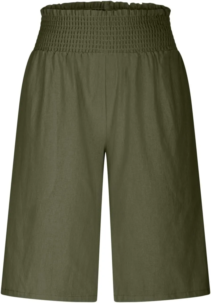 Bermuda Shorts for Women Smocked High Waist Knee Length Linen Short Pants Summer Loose Fit Long Shorts with Pockets