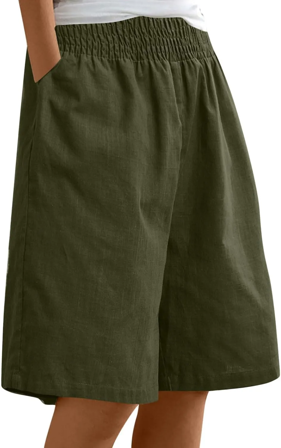 Bermuda Shorts for Women Smocked High Waist Knee Length Linen Short Pants Summer Loose Fit Long Shorts with Pockets