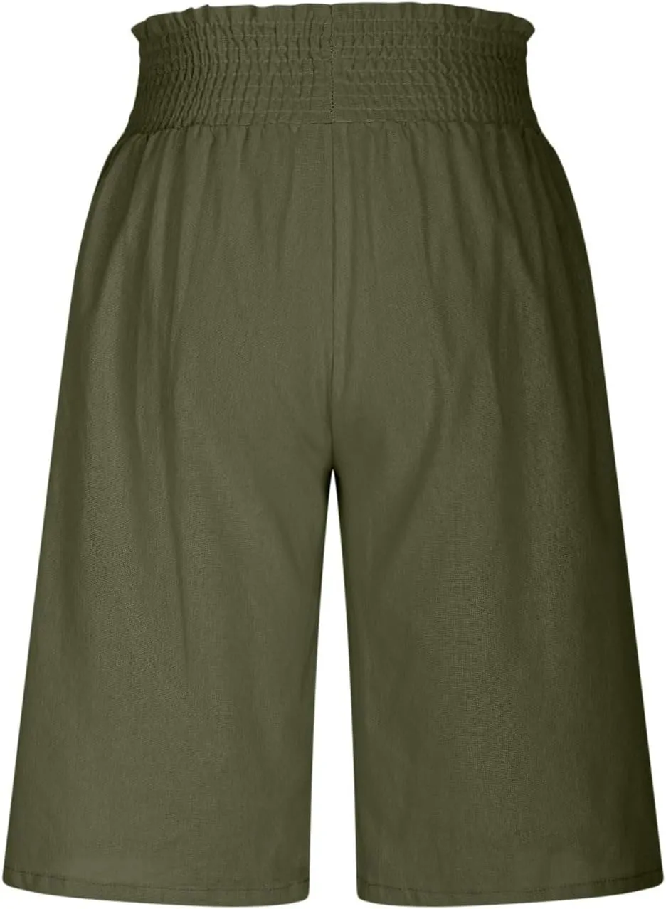 Bermuda Shorts for Women Smocked High Waist Knee Length Linen Short Pants Summer Loose Fit Long Shorts with Pockets