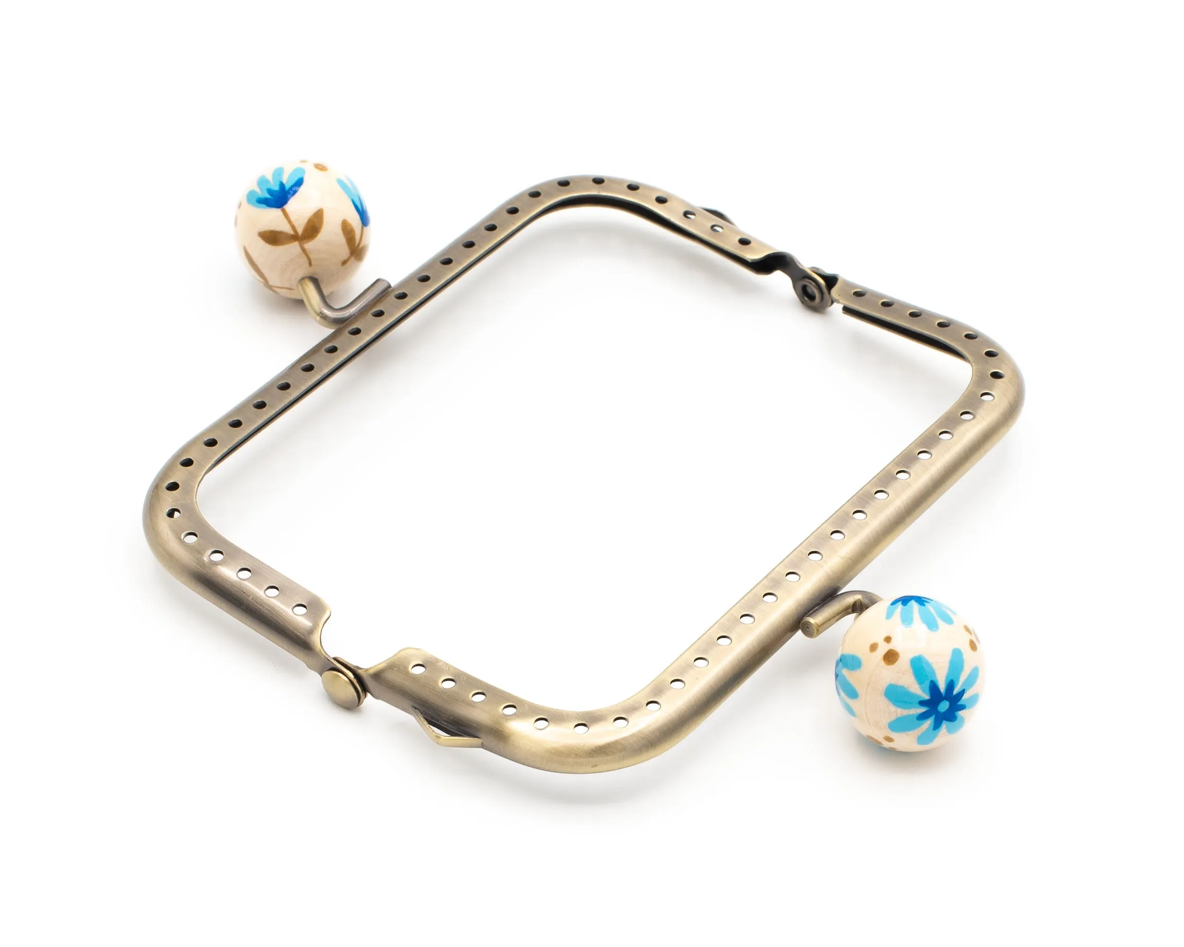 Boquilla para monedero FLORES AZULES con bolas de madera pintadas a mano. Cuadrada, 10.5cm.