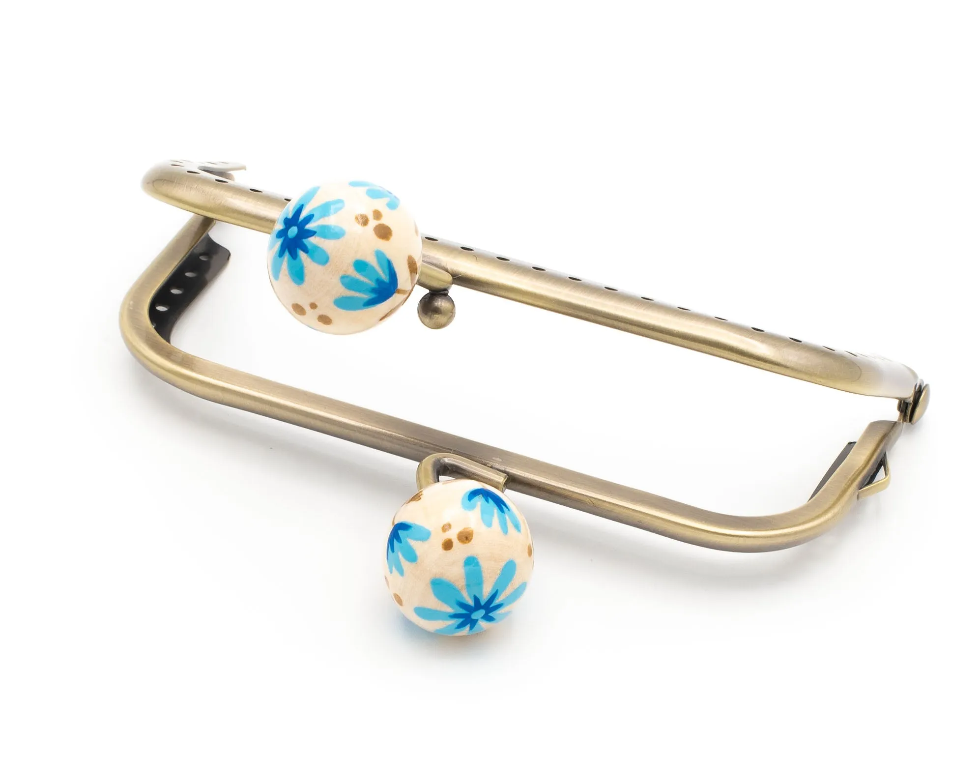 Boquilla para monedero FLORES AZULES con bolas de madera pintadas a mano. Cuadrada, 10.5cm.