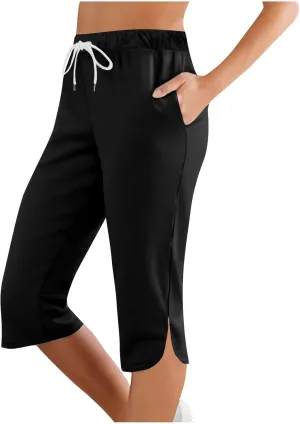 Capri Pants for Women Summer Casual Elastic Waist Drawstring Split Hem Stretchy Yoga Leggings Cparis with Pockets Capri Pants for Women Summer Casual Elastic Waist Drawstring Split Hem Stretchy Yoga Leggings Cparis with Pockets