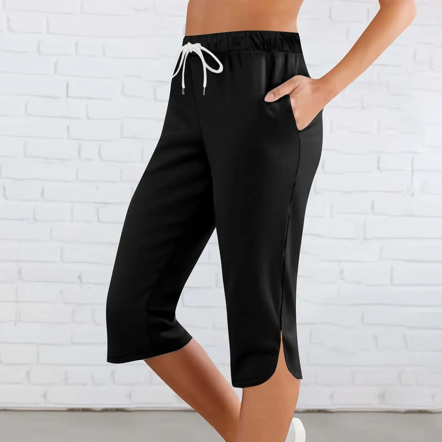 Capri Pants for Women Summer Casual Elastic Waist Drawstring Split Hem Stretchy Yoga Leggings Cparis with Pockets