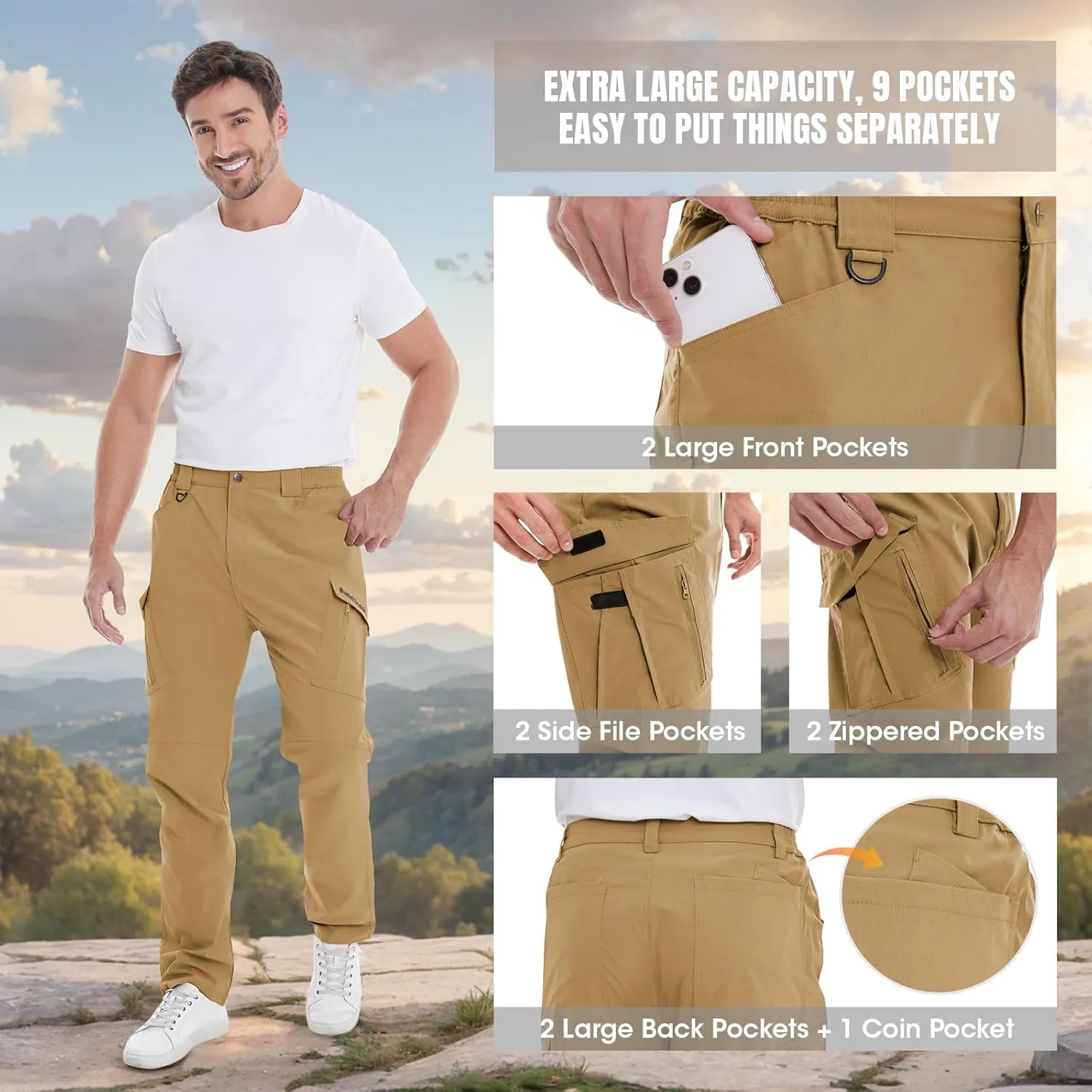 Cargo Pants Mens with 9 Pockets - High Waist Water-Resistant Tactical Pants for Hiking, Sports, and Casual Wear