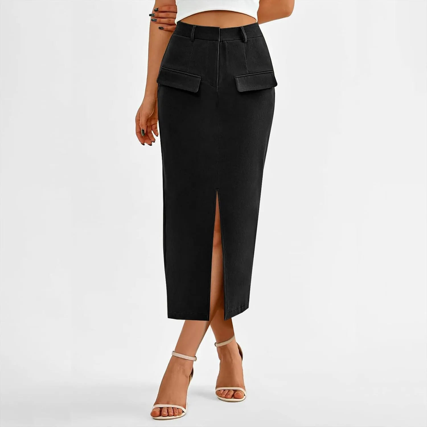Cargo Skirts for Women High Waisted Midi Skirt Trendy Spring Summer Pencil Slit Dressy Casual Business Work Long Skirts