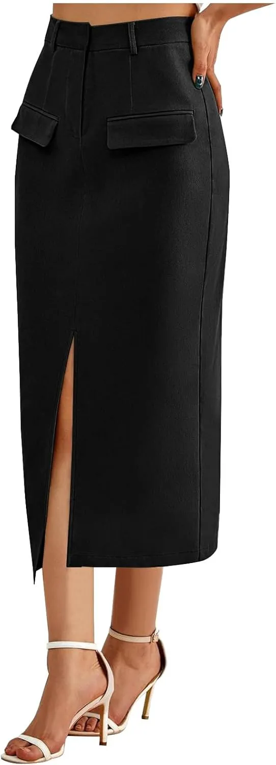 Cargo Skirts for Women High Waisted Midi Skirt Trendy Spring Summer Pencil Slit Dressy Casual Business Work Long Skirts