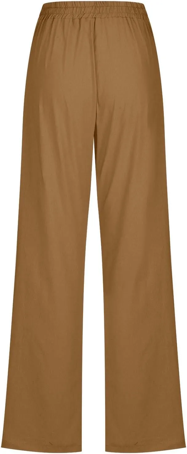 Cotton Linen Pants for Women Straight Leg Drawstring High Waist Trousers Relaxed Fit Elastic Waist Lounge Long Trouser