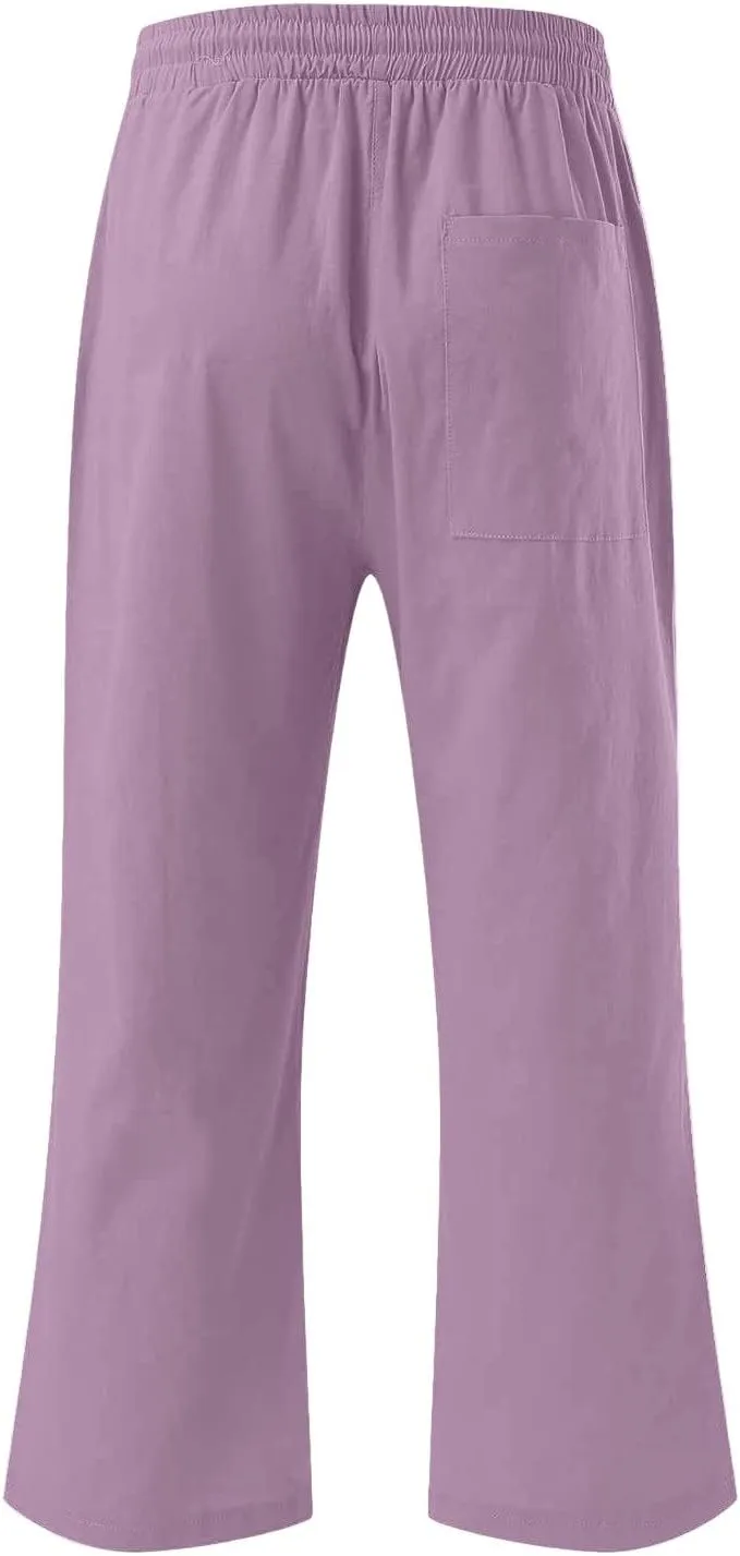 Cotton Linen Pants for Women Summer Elastic Waist Solid Capris Pants Straight Wide Leg Cropped Trousers