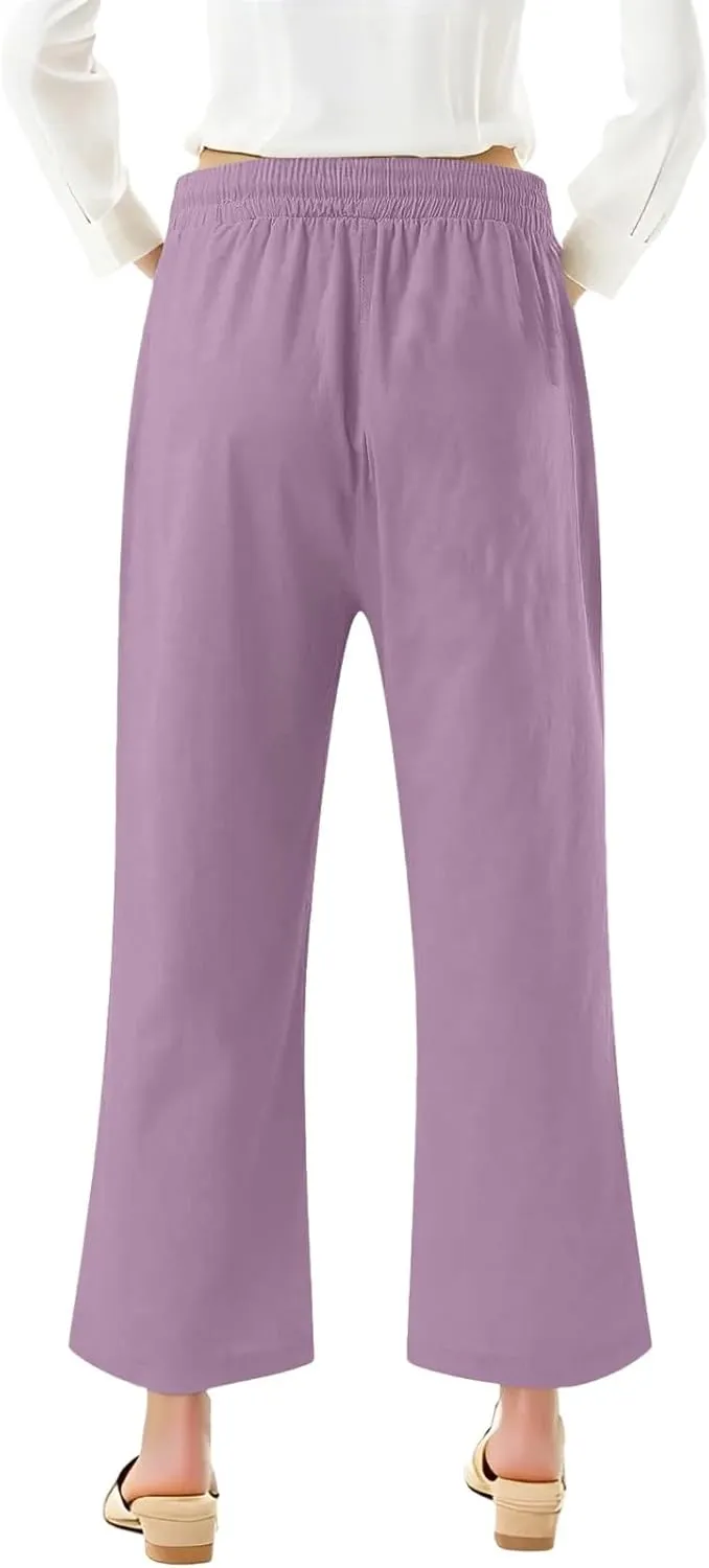 Cotton Linen Pants for Women Summer Elastic Waist Solid Capris Pants Straight Wide Leg Cropped Trousers