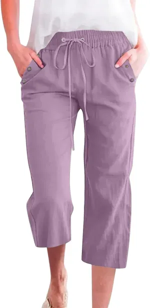 Cotton Linen Pants for Women Summer Elastic Waist Solid Capris Pants Straight Wide Leg Cropped Trousers