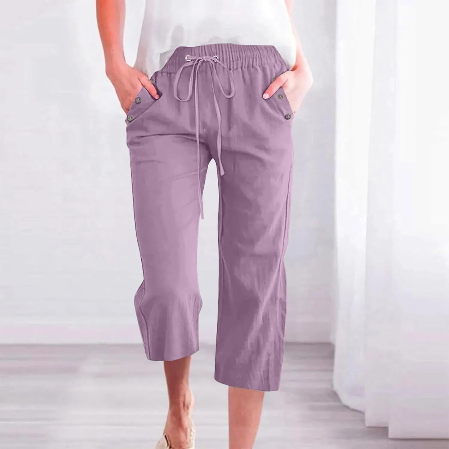 Cotton Linen Pants for Women Summer Elastic Waist Solid Capris Pants Straight Wide Leg Cropped Trousers
