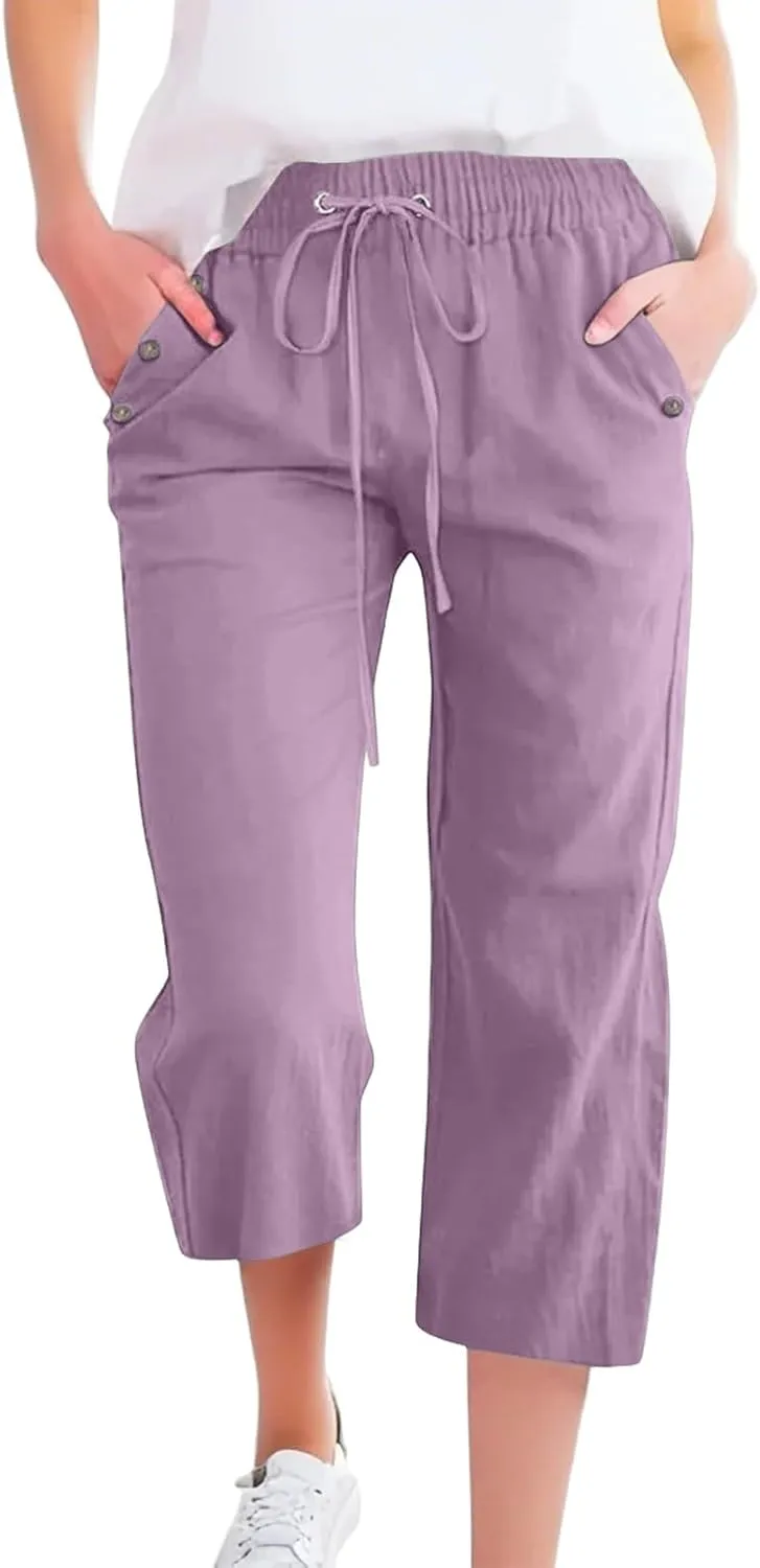 Cotton Linen Pants for Women Summer Elastic Waist Solid Capris Pants Straight Wide Leg Cropped Trousers
