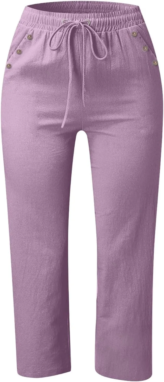 Cotton Linen Pants for Women Summer Elastic Waist Solid Capris Pants Straight Wide Leg Cropped Trousers