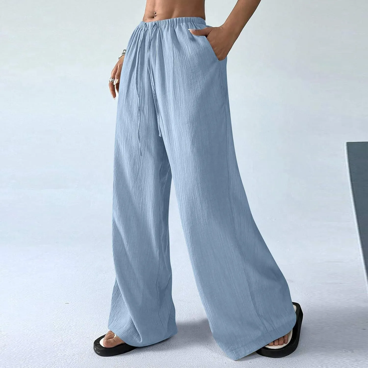 Cruise Pants for Women 2025 Vacation Outfits Drawstring Flowy Casual Pants with Pockets Wide Leg Lightweight Beach Sweatpants