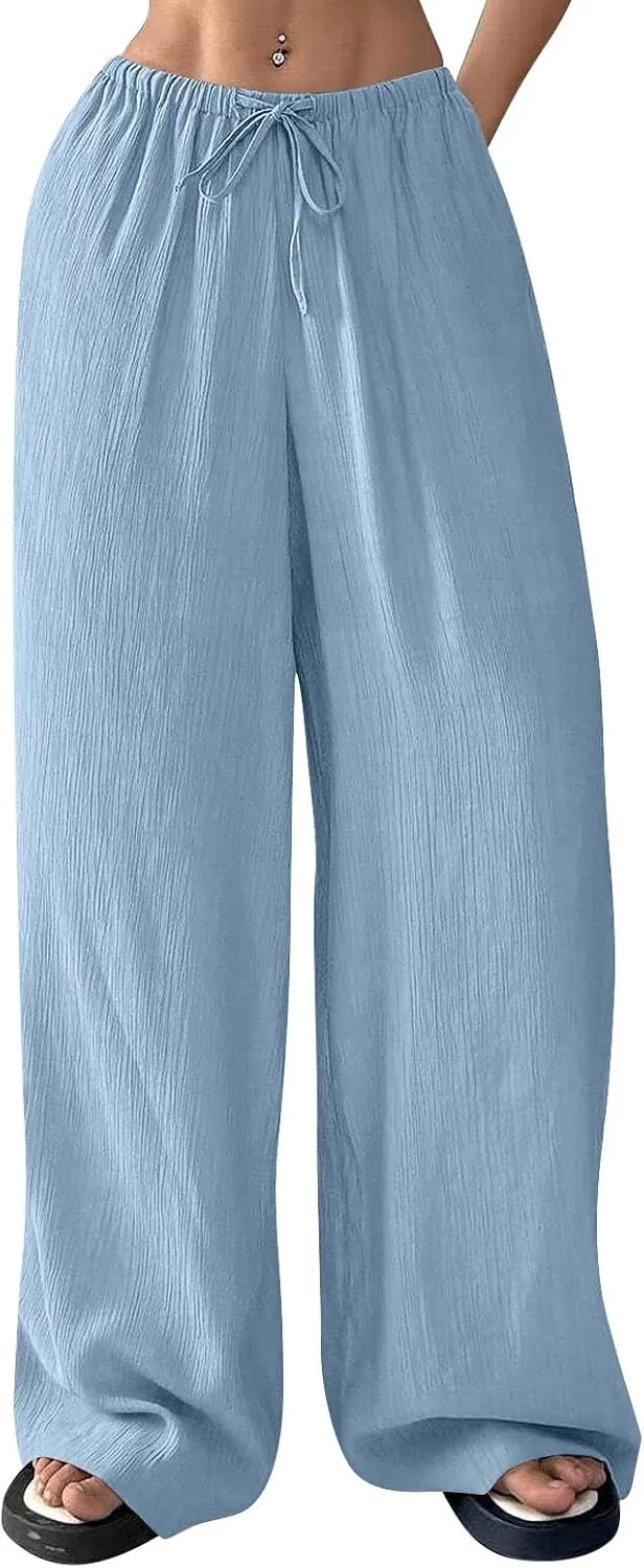 Cruise Pants for Women 2025 Vacation Outfits Drawstring Flowy Casual Pants with Pockets Wide Leg Lightweight Beach Sweatpants