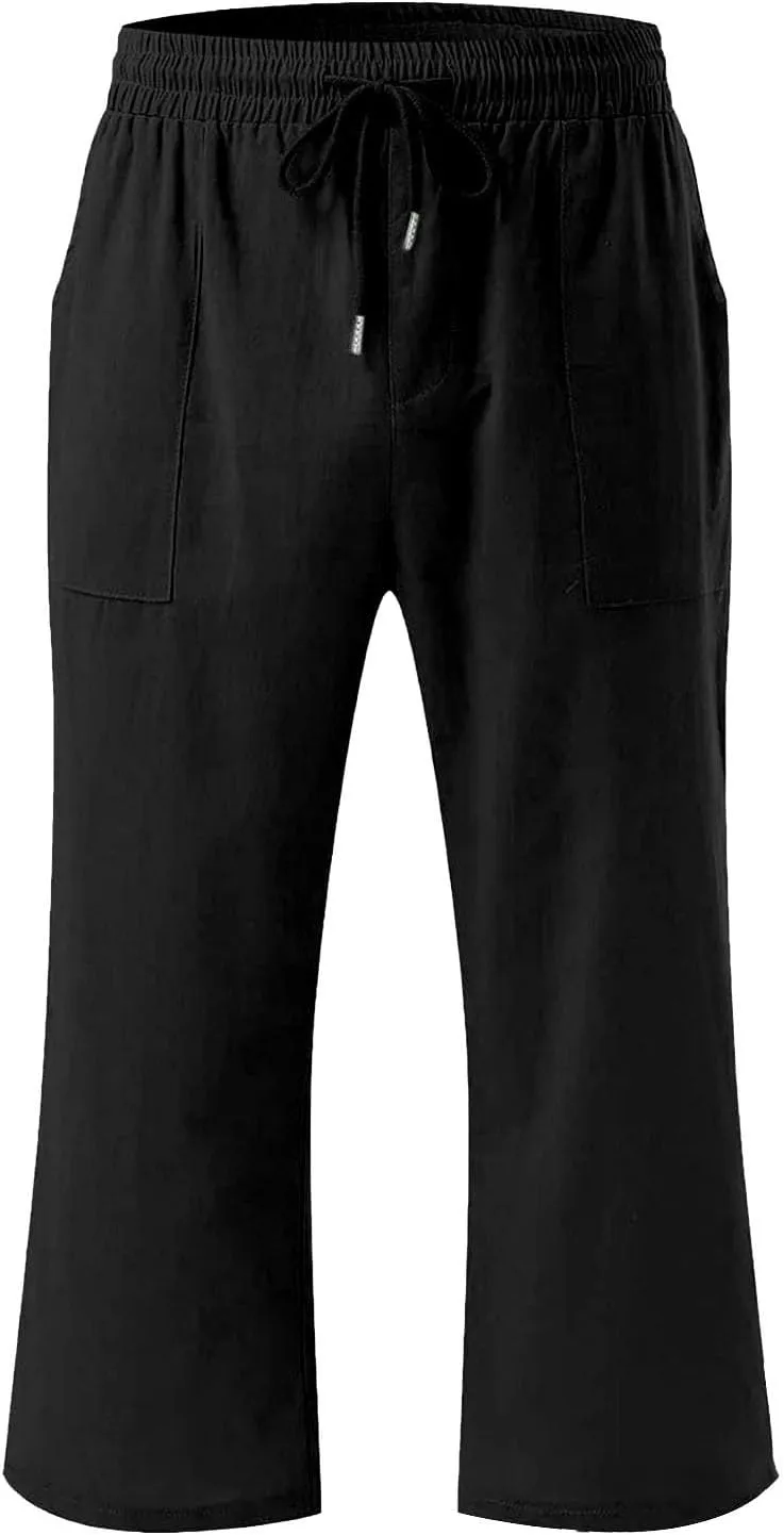 Girls 3/4 Linen Straight Wide Leg Pants Baggy Solid Color High Elastic Waist Trousers Lightweight Pants with Pockets