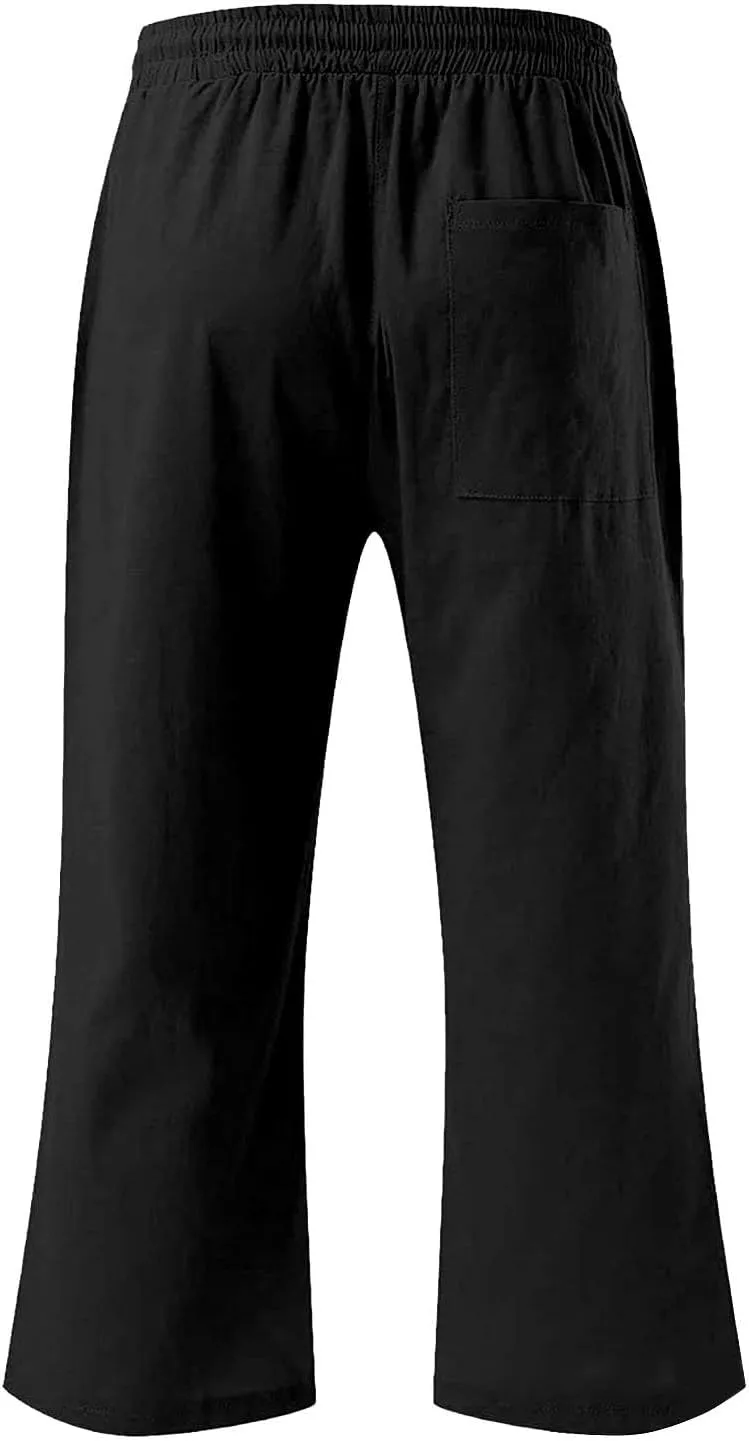 Girls 3/4 Linen Straight Wide Leg Pants Baggy Solid Color High Elastic Waist Trousers Lightweight Pants with Pockets