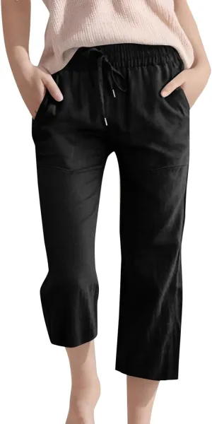 Girls 3/4 Linen Straight Wide Leg Pants Baggy Solid Color High Elastic Waist Trousers Lightweight Pants with Pockets